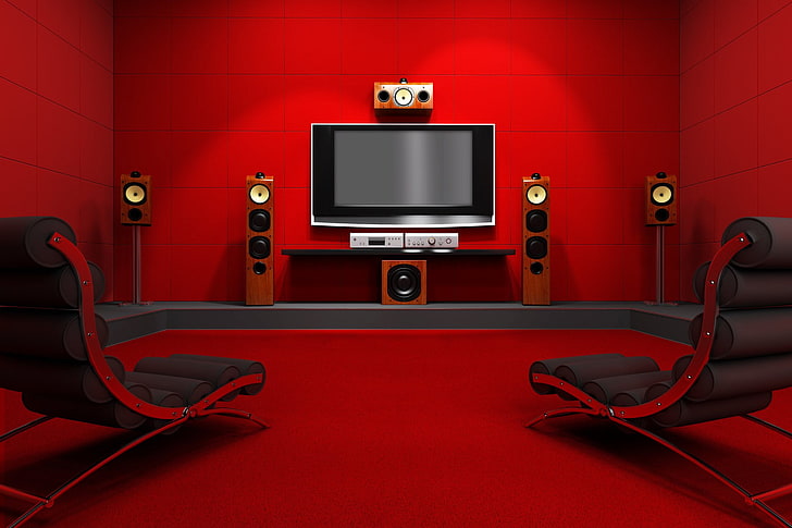 Man Made, Room, Chair, Home Theatre, Red, Speakers, Theatre, HD wallpaper