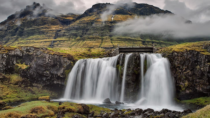 водопади, заобиколени от скали, природа, пейзаж, вода, водопад, продължителна експозиция, скала, Исландия, планини, мъгла, мост, Фарьорски острови, мъх, HD тапет