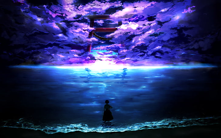 mer, fond violet, torii, seul, Seul dans le noir, violet, marée basse, eaux calmes, Cloud Gate, Fond d'écran HD