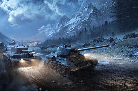 szara ilustracja czołgów wojennych, chmury, góry, mgła, miasto, drzewa, śnieg, światło, technika, World Of Tanks, Sherman, T-34-85, Wargaming Net, Cromwell, Dirt, WoTB, Flash, WoT: Blitz, World of Tanks: Blitz, Type 4 Chi-To, Tapety HD HD wallpaper