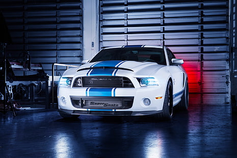 бяла и синя кола, Mustang, Ford, Shelby, GT500, Front, Snake, White, Super, HD тапет HD wallpaper