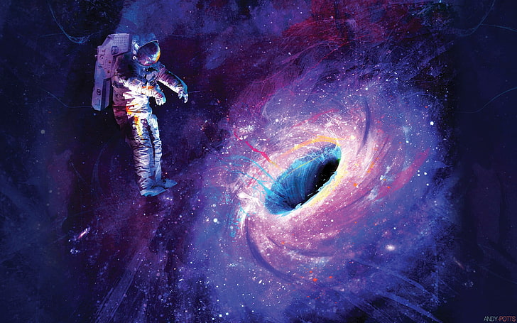 astronaute près de trou noir fond d'écran numérique, œuvres d'art, espace, astronaute, art de l'espace, étoiles, trous noirs, peinture, éclaboussures de peinture, flottant, art numérique, Fond d'écran HD