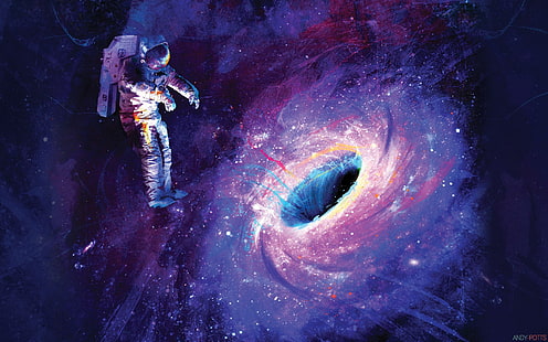 astronaute près de trou noir fond d'écran numérique, œuvres d'art, espace, astronaute, art de l'espace, étoiles, trous noirs, peinture, éclaboussures de peinture, flottant, art numérique, Fond d'écran HD HD wallpaper