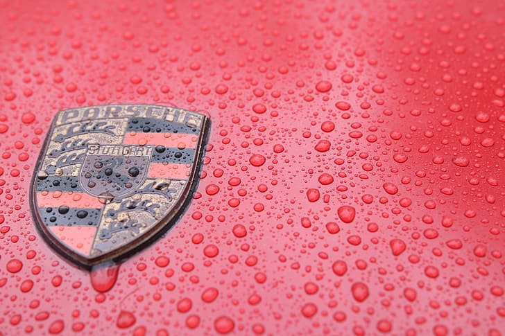 car, logo, red, Porsche, water drops, HD wallpaper