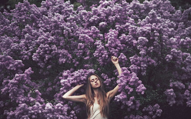 Mood Girl Purple Flowers, mood, girl, purple, flowers, HD wallpaper