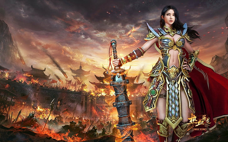 Fantasy, Women Warrior, Battle, Black Hair, Girl, Oriental, Sword, Woman Warrior, HD wallpaper