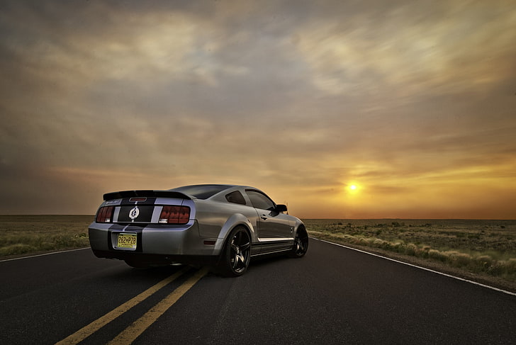 silbernes Coupé, der Himmel, die Sonne, Sonnenuntergang, Mustang, Ford, Shelby, GT500, Silber, Muskelauto, silbrig, HD-Hintergrundbild