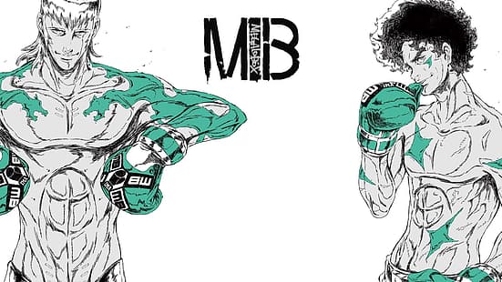  MEGALO BOX, Joe (MEGALO BOX), Yuuri (Megalo Box), anime, anime boys, Two Men, boxing gloves, gloves, brunette, white hair, science fiction, boxing, muscles, abs, arms, topless, scars, Exoskeleton, power armor, cybernetics, biceps, exosuit, futuristic armor, smirk, white background, HD wallpaper HD wallpaper