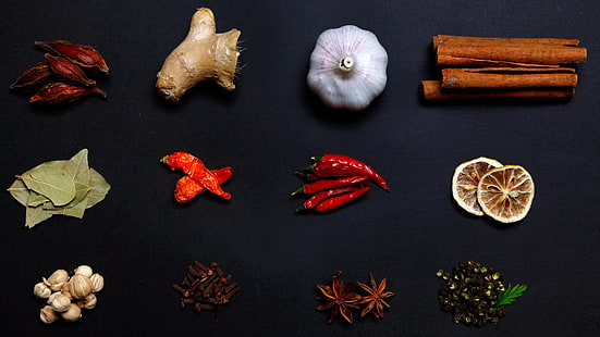 spices, spice, garlic, ginger, lime, cinnamon, paprika, pepper, chili, bay leaf, clove, anise, HD wallpaper HD wallpaper