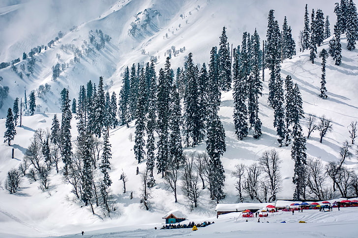 синий, Гульмарг, Гималаи, Индия, Кашмир, пейзаж, горы, декорации, катание на лыжах, небо, снег, вид, белый, HD обои