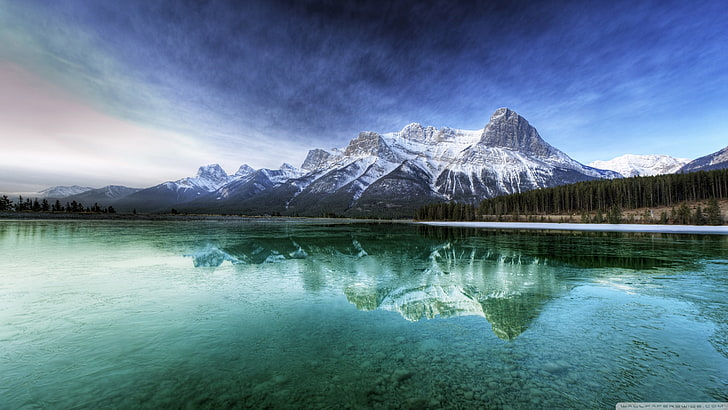 montaña alpina, paisaje, lago, montañas, filigrana, reflejo, Fondo de pantalla HD