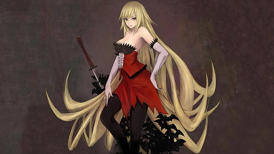 аниме, аниме девушки, ошино шинобу, блондинка, длинные волосы, Monogatari Series, HD обои HD wallpaper