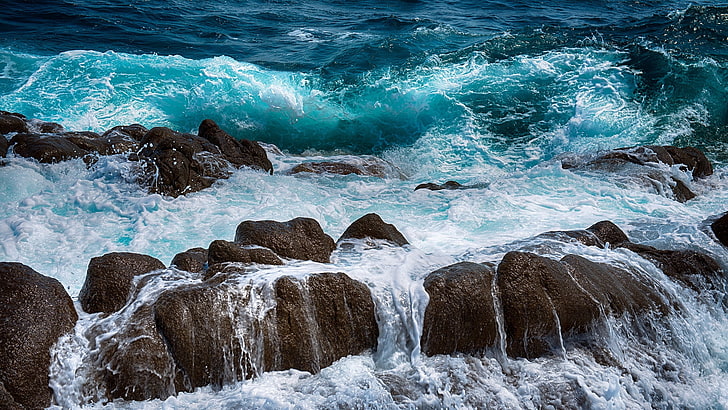 water waves, sea, rocks, spray, surf, foam, HD wallpaper