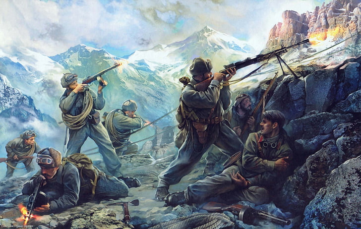 soldados na pintura de trincheira, arte, soldados, URSS, Segunda Guerra Mundial, combate, flechas de montanhas soviéticas, montanhas de batalha, os setores sul da frente, a libertação do Cáucaso, HD papel de parede