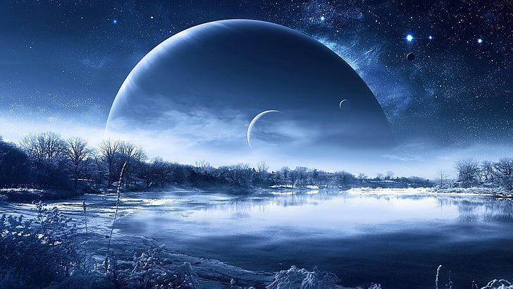 fantasy art, luna, chiaro di luna, congelamento, acqua, notte, Sfondo HD