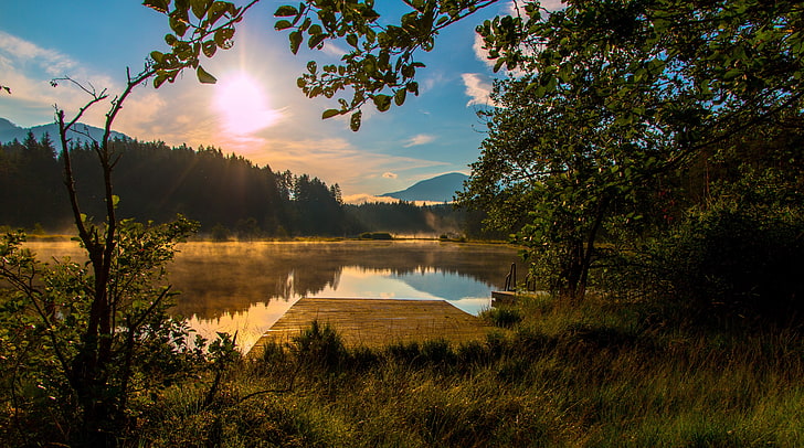Sun Rise Carinthia Austria Egelsee, zielone drzewa liściaste, przyroda, krajobraz, Austria, Europa, egelsee, Karyntia, Tapety HD