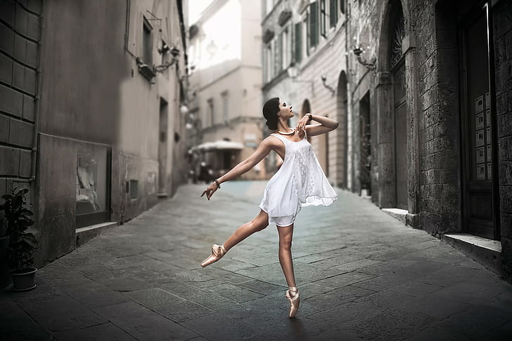 Frauen, Ballettschuhe, Tänzerin, Straße, Frauen im Freien, Ballerina, weißes Kleid, HD-Hintergrundbild