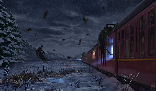 Джош Хътчинсън, фентъзи изкуство, произведения на изкуството, Хари Потър, дементори (Хари Потър), влак, HD тапет HD wallpaper