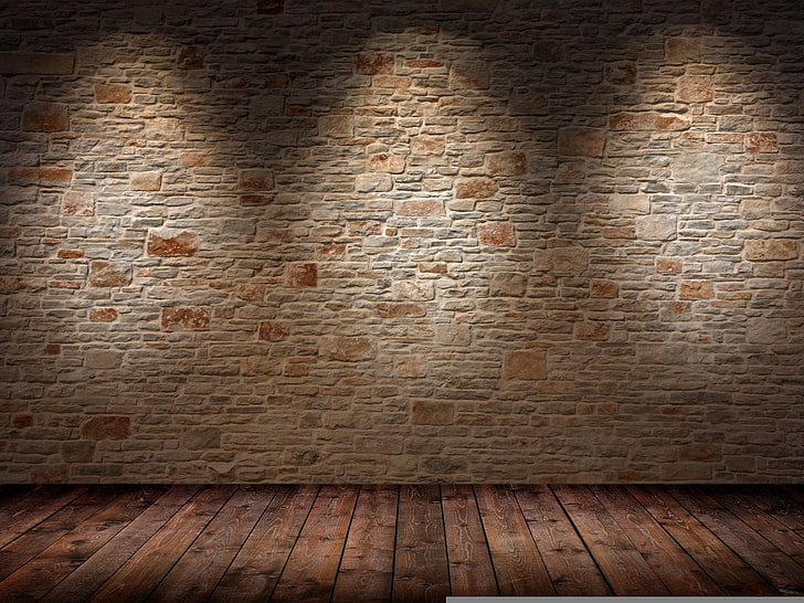 茶色とベージュのレンガの壁、壁、床、光、影、表面、 HDデスクトップの壁紙