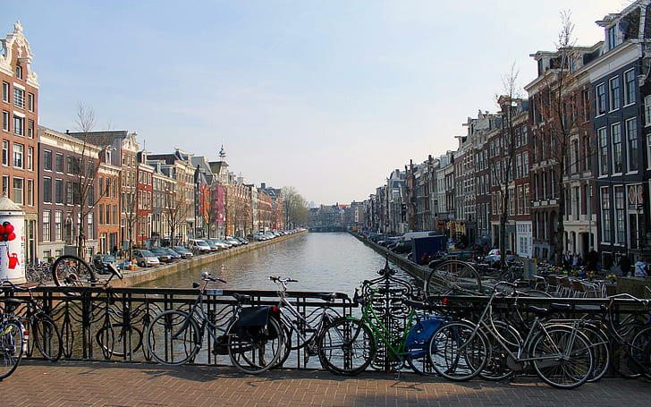 Bridge Over An Amsterdam Canal, cana, bridge, city, bicycles, nature and landscapes, HD wallpaper