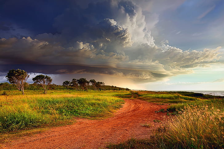 Буря в Австралия, Австралия, буря, облаци, небе, циклон, крайбрежен път, HD тапет