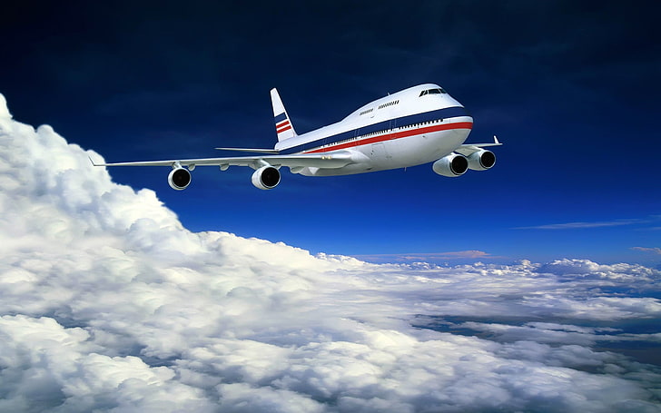 Nós viajamos, avião azul, vermelho e branco, aeronaves / aviões, aviões comerciais, azul, céu, aeronaves, voando, HD papel de parede