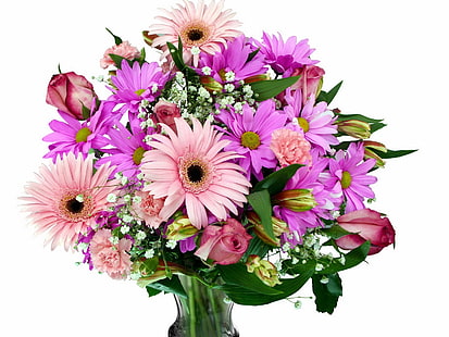 розови и лилави венчелистчета, гербери, хризантеми, карамфили, рози, гипсофила, цветя, букети, ваза, HD тапет HD wallpaper