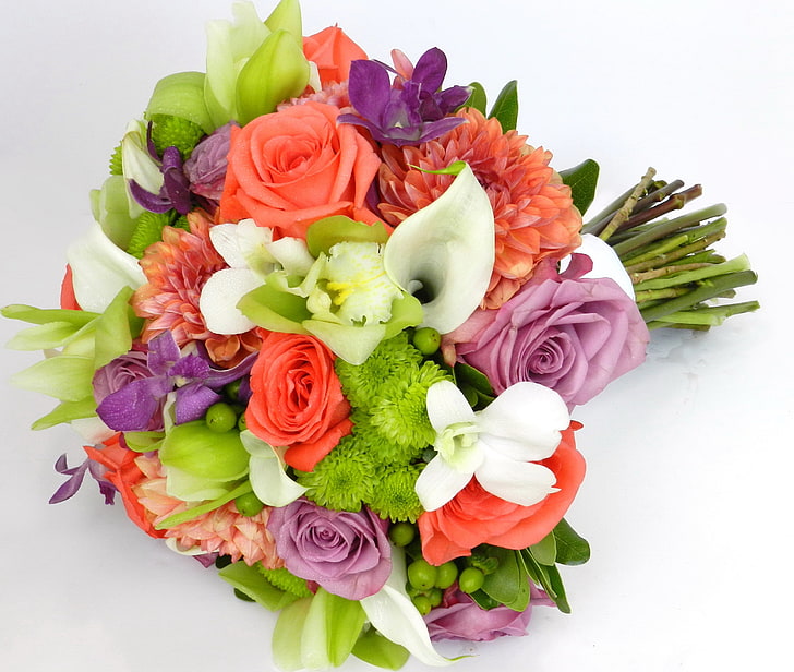 bouquet di fiori multicolori, fiori, foto, rose, bouquet, orchidee, crisantemo, gigli di Calla, dalie, Sfondo HD