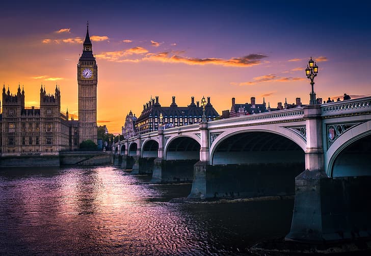 sunset, bridge, river, London, architecture, Big Ben, HD wallpaper