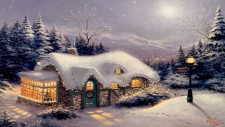 winter, snow, snowy, house, home, christmas, xmas, christmas lights, celebration, HD wallpaper