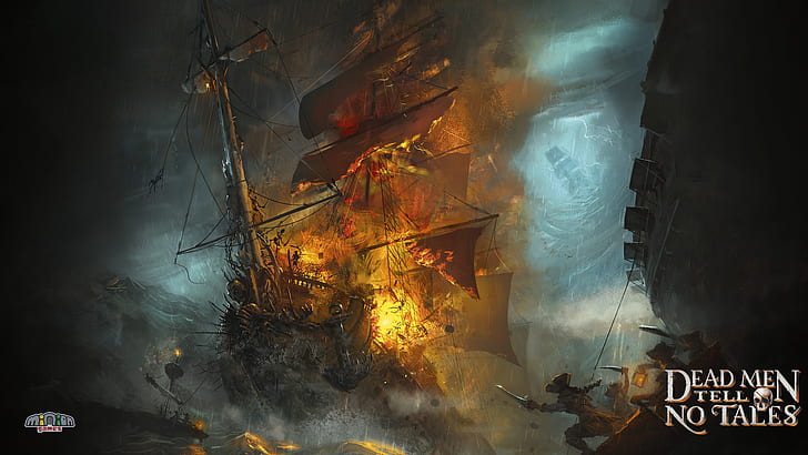 Пираты Карибского моря пиратский корабль Schooner Explosion HD, фэнтези, корабль, взрыв, пират, пираты, карибский бассейн, шхуна, HD обои