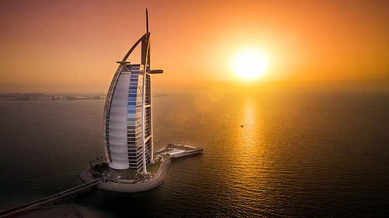 Bâtiments, Burj Al Arab, Bâtiment, Dubaï, Mer, Coucher de soleil, Émirats Arabes Unis, Fond d'écran HD HD wallpaper