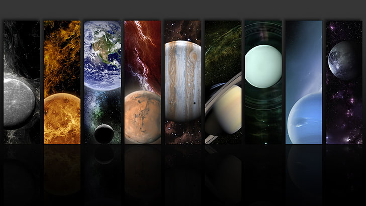 различни планети живопис, космос, планета, звезди, Слънце, Земя, Меркурий, Венера, Марс, Юпитер, Сатурн, Уран, Нептун, Плутон, отражение, Луна, HD тапет