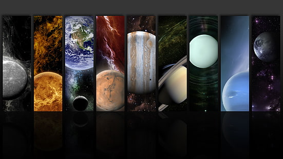 живопись разных планет, космос, планета, звезды, Солнце, Земля, Меркурий, Венера, Марс, Юпитер, Сатурн, Уран, Нептун, Плутон, отражение, Луна, HD обои HD wallpaper