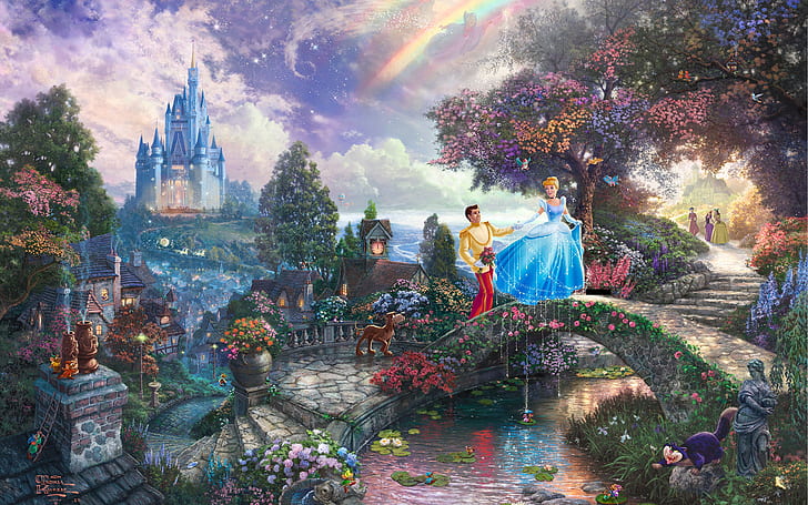 Cinderella Disney Castle Rainbow Drawing HD, cenicienta y príncipe caminando en el puente cerca de árboles altos foto, digital / ilustraciones, dibujo, castillo, arcoiris, disney, cenicienta, Fondo de pantalla HD