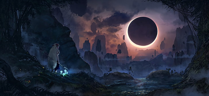 Cyfrowa tapeta z gier wideo, Księżniczka Mononoke, Studio Ghibli, zaćmienia Księżyca, Tapety HD