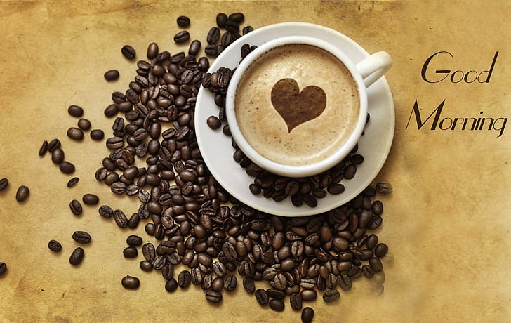 God morgon med kaffehjärta, god morgon, morgon, kaffe, hjärta, kärlek, HD tapet