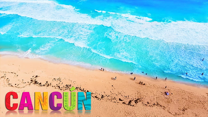 spo d'acqua con sovrapposizione di testo, Cancun, spiaggia, Sfondo HD