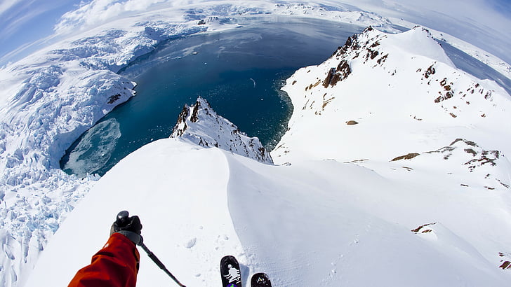 person on top of snow covered mountain holding snow ski stick, Antarctica, 5k, 4k wallpaper, 8k, skiing, travel, tourism, snow, extreme, HD wallpaper