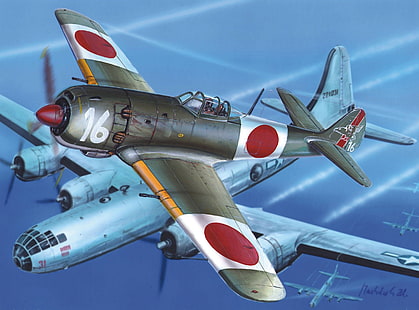 the sky, figure, fighter, art, bombers, aircraft, Japanese, WW2, American, strategic, Tachikawa Ki-106, &quot;Boeing&quot; В-29 &quot;Superfortress&quot;, HD wallpaper HD wallpaper