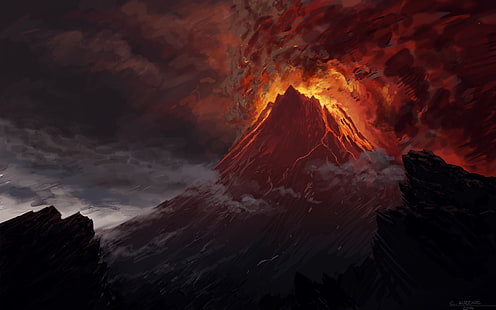 brown and black volcano mountain wallpaper, Mount Doom, volcano, The Lord of the Rings, artwork, lava, Mordor, HD wallpaper HD wallpaper