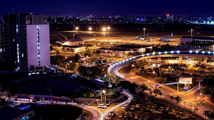 pemandangan udara cityscape, bandara, malam, Vietnam, Wallpaper HD
