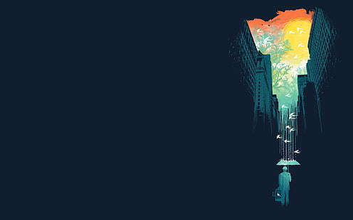 우산 아래 남자 벽지, 간단, 미니멀리즘, 비, 조류, 도시 풍경, 삽화, 우산, 삽화, HD 배경 화면 HD wallpaper