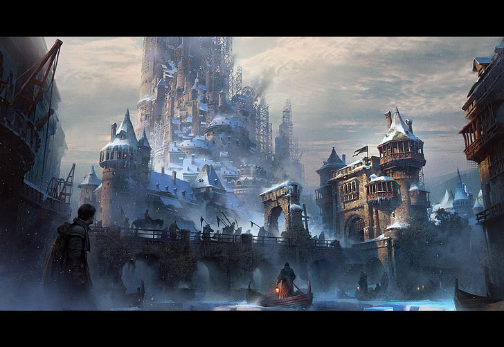 artwork, digital, Ivan Laliashvili, medieval, castle, winter, snow, HD wallpaper
