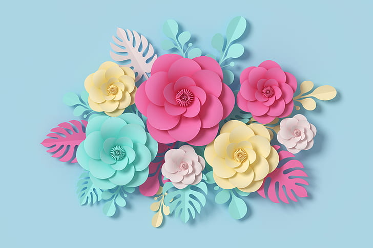 fiori, rendering, garbo, colorato, rosa, composizione, carta, floreale, Sfondo HD