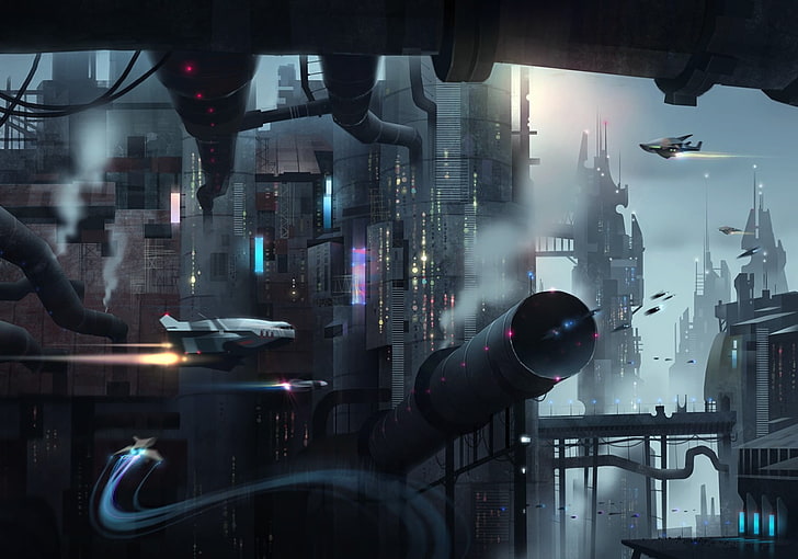 مصباح طاولة أسود ورمادي ، خيال علمي ، مدينة مستقبلية مستقبلية، خلفية HD