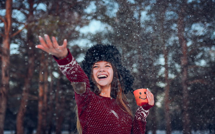 Snow, girl, joy, black hat, snow, girl, joy, winter, HD wallpaper