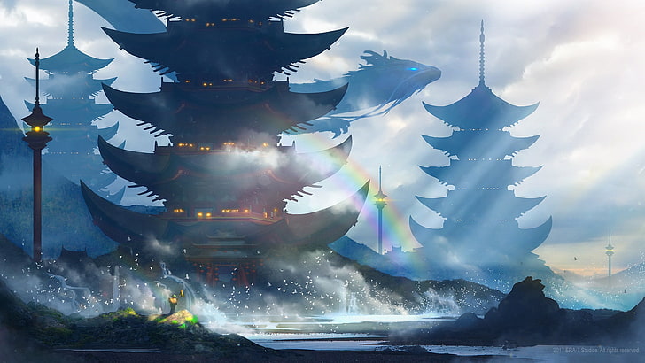 иллюстрация видеоигры, замок, дракон, произведение искусства, пагода, китайская архитектура, HD обои