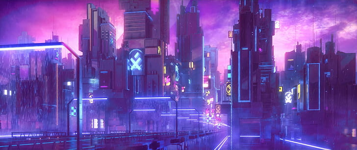 miasto animowane tapety cyfrowe, cyberpunk, neon, Tapety HD