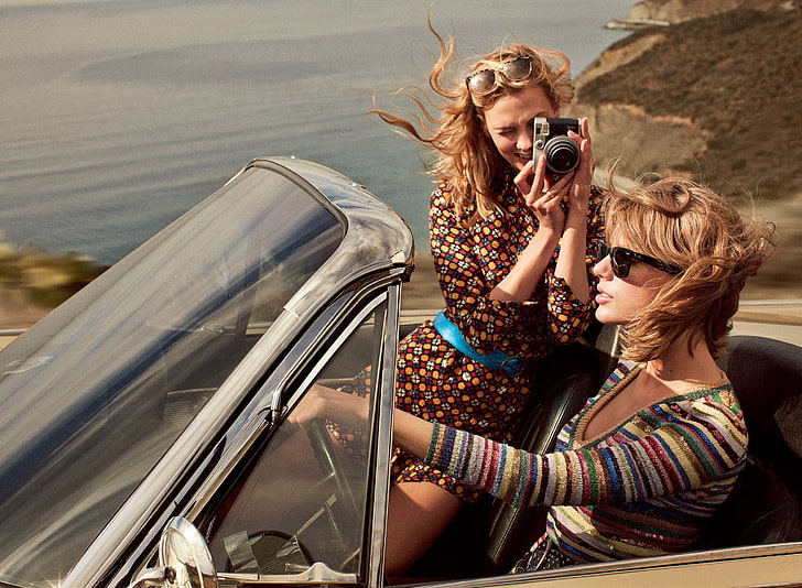 women's brown floral romper shorts, auto, Taylor Swift, photoshoot, Vogue, Karlie Kloss, HD wallpaper